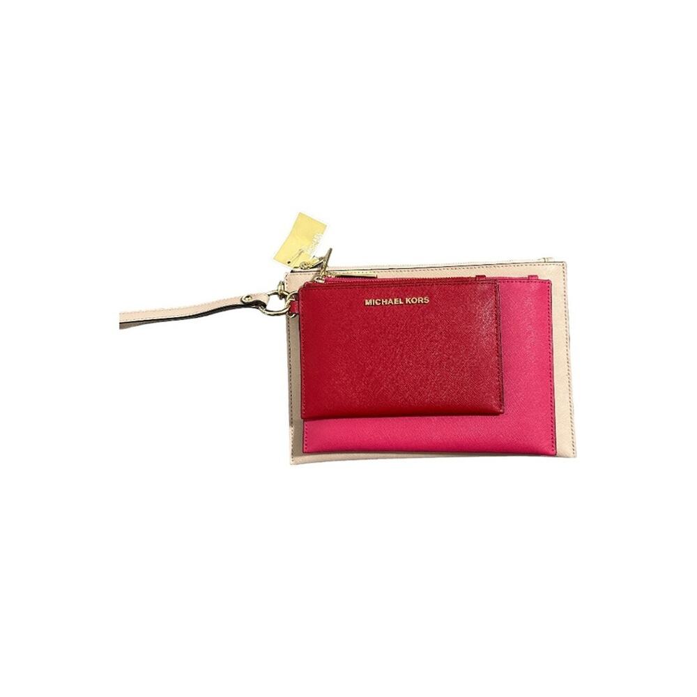 Michael Kors Jet Set Travel Trio 3 In 1 Wristlet In Nude/Magenta Pink/Red Nwt